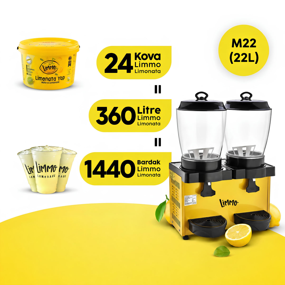 Limonata Şerbetlik 22 LT TWIN 11 + 11 MM22 + Limmo Limonata Klasik 2 LT x 24 Adet