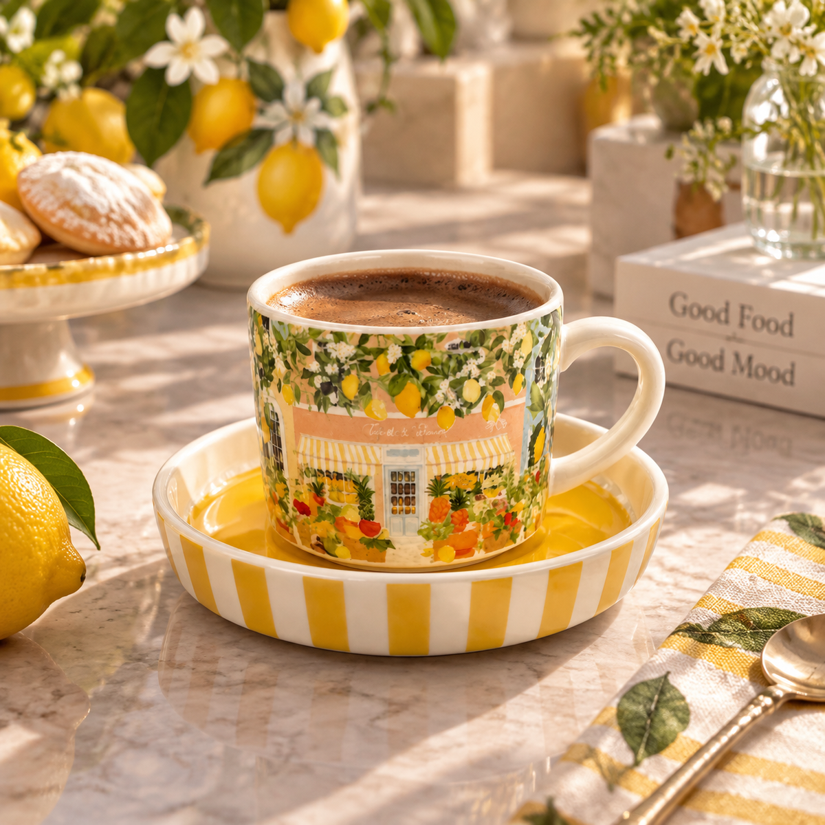Limon Desenli Seramik Fincan ve Tabak Seti